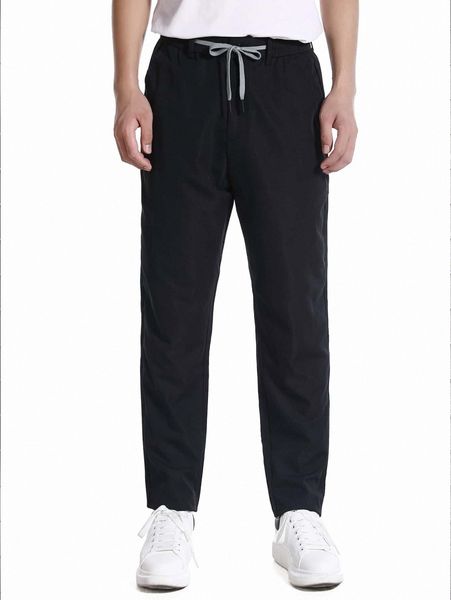 men drawstring waist pants w888#, Black