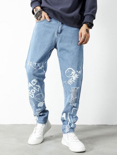 men alien & letter ripped jeans b4lt#, Blue
men alien & letter ripped jeans b4lt#, Blue