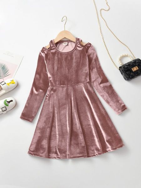 girls solid a-line velvet dress she, Red;yellow