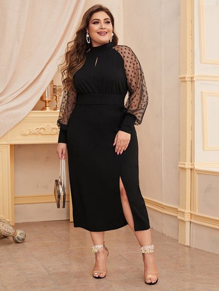 plus dobby mesh sleeve split hem peekaboo dress j7zi#, Black
plus dobby mesh sleeve split hem peekaboo dress j7zi#, Black