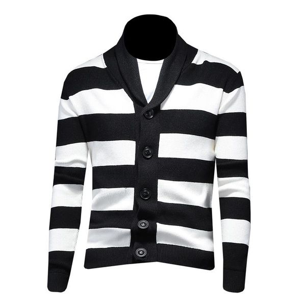 men's sweaters 2021 autumn and winter knitted cardigan jacket korean youth striped color matching casual sweater trend, White;black
men's sweaters 2021 autumn and winter knitted cardigan jacket korean youth striped color matching casual sweater trend, White;black