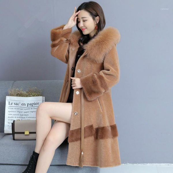 winter plus size sheep shearling coat new female long faux fur hooded fashion slim jacket warm mink outwear women overcoat1, Black