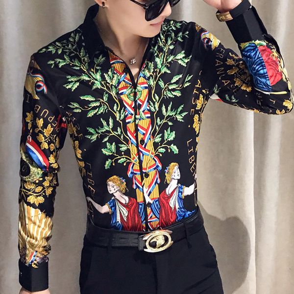 2020 men's long sleeve in hombre male flower shirt runs, White;black 
2020 men's long sleeve in hombre male flower shirt runs, White;black