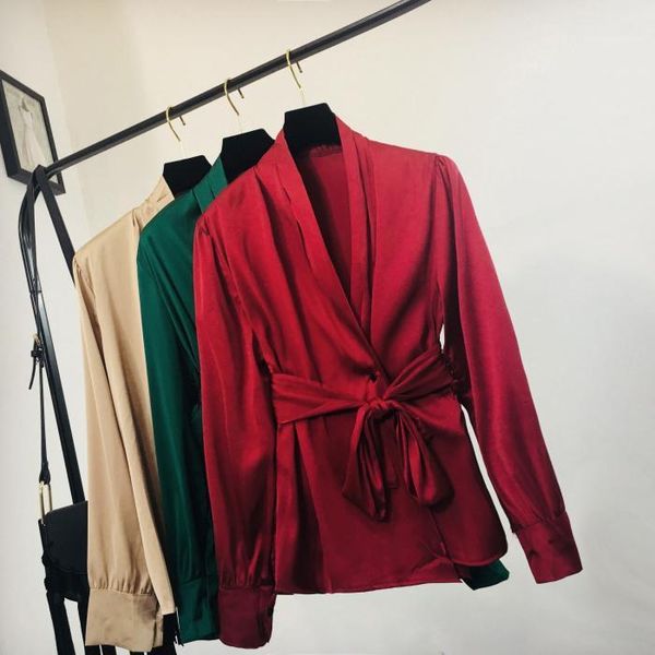 women's blouses & shirts 2021 autumn women's crepe satin shirt solid color v collar ladies loose waist tie blouse long sleeve 1, White
women's blouses & shirts 2021 autumn women's crepe satin shirt solid color v collar ladies loose waist tie blouse long sleeve 1, White