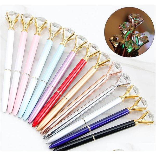 Led Light Big Diamond Pen Creative New Design Super Crystal Light Metal Ballpoint Pens Writing Stationery Office School Student Gift Yo2qj