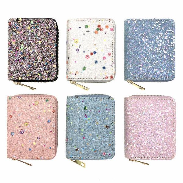 purse glitter short wallet cartoon pattern embellished girls kids zipper card holder bag candy color sequined coin cards, White 
purse glitter short wallet cartoon pattern embellished girls kids zipper card holder bag candy color sequined coin cards, White