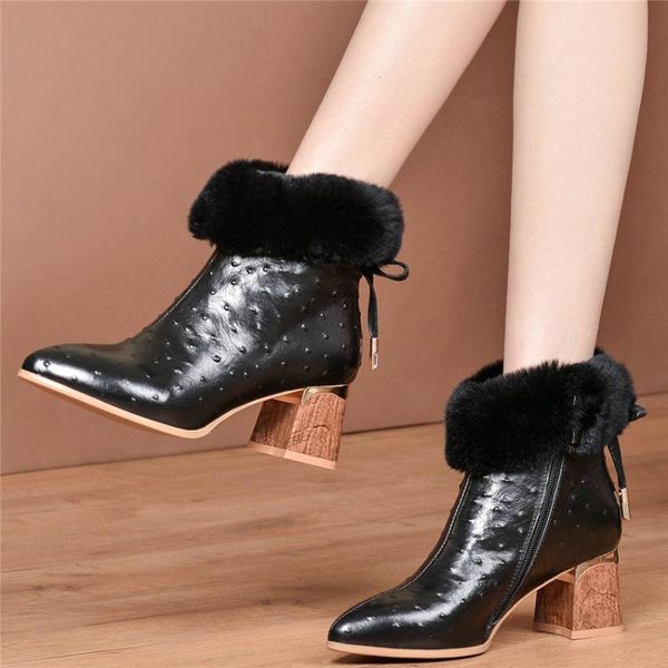 dress shoes chic women genuine leather chunky high heels pointed toe pumps fur winter snow boots lady casual, Black
dress shoes chic women genuine leather chunky high heels pointed toe pumps fur winter snow boots lady casual, Black