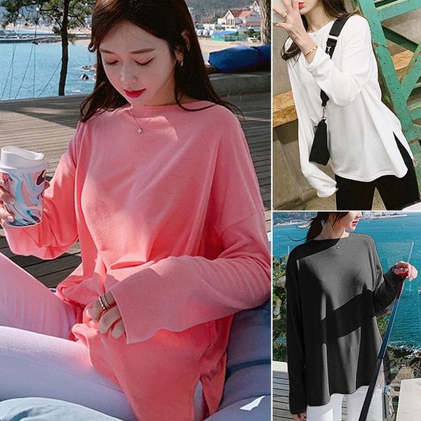 women's t-shirt loose t shirt solid hem slit tee women casual long sleeve tshirt female girls, White
women's t-shirt loose t shirt solid hem slit tee women casual long sleeve tshirt female girls, White