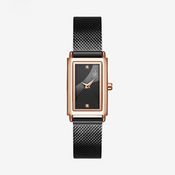 

shengke women quartz wristwatch rectangular dial geneva designer stainless steel strap analog fashion watches hidden clasp, Slivery;brown