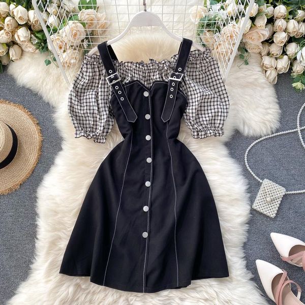 singrain women plaid strap dress korean slash neck off shoulder button puff sleeve dress summer patchwork a line sundress, Black;gray 
singrain women plaid strap dress korean slash neck off shoulder button puff sleeve dress summer patchwork a line sundress, Black;gray