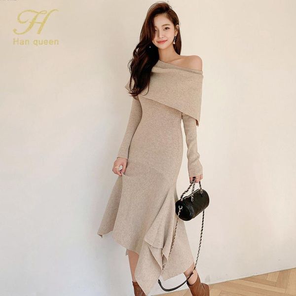 h han queen slash neck slim ruffle elastic knitted dress autumn irregular knit pullover sweater dresses party vestidos, Black;gray
h han queen slash neck slim ruffle elastic knitted dress autumn irregular knit pullover sweater dresses party vestidos, Black;gray