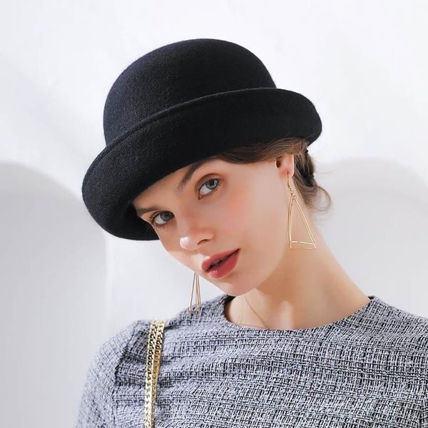 лучшие fibonacci новый бренд качество фланцевая цветочная шерсть fairt fedoras женская осень зима шляпы купола элегантный банкет fedora hat, Black;white