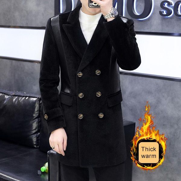 men's wool & blends 2021 winter double breasted woolen windbreaker trench coat medium long splicing leather thick warm jacket, Black
men's wool & blends 2021 winter double breasted woolen windbreaker trench coat medium long splicing leather thick warm jacket, Black