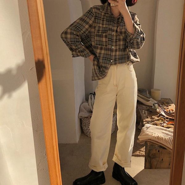 women's blouses & shirts women plaid classic loose all-match korean soft womens shirt vintage harajuku bf daily casual, White
women's blouses & shirts women plaid classic loose all-match korean soft womens shirt vintage harajuku bf daily casual, White