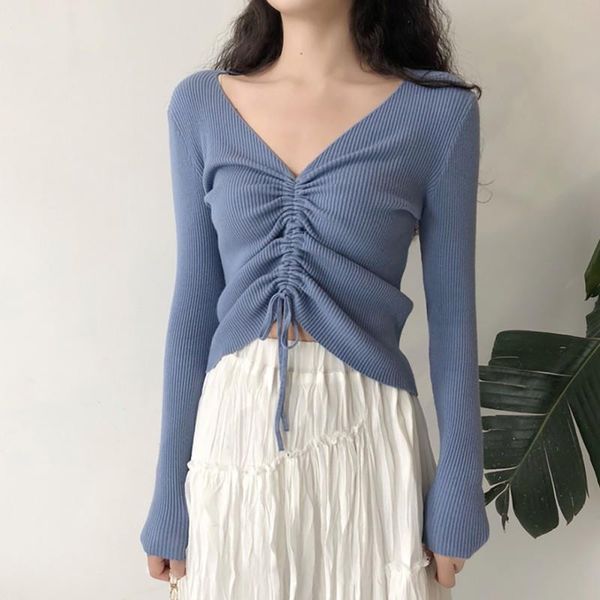 2020 new arrival v-neck slim fit tee women fashion casual sweaters solid color drawstring t shirt long sleeve knitted, White
2020 new arrival v-neck slim fit tee women fashion casual sweaters solid color drawstring t shirt long sleeve knitted, White