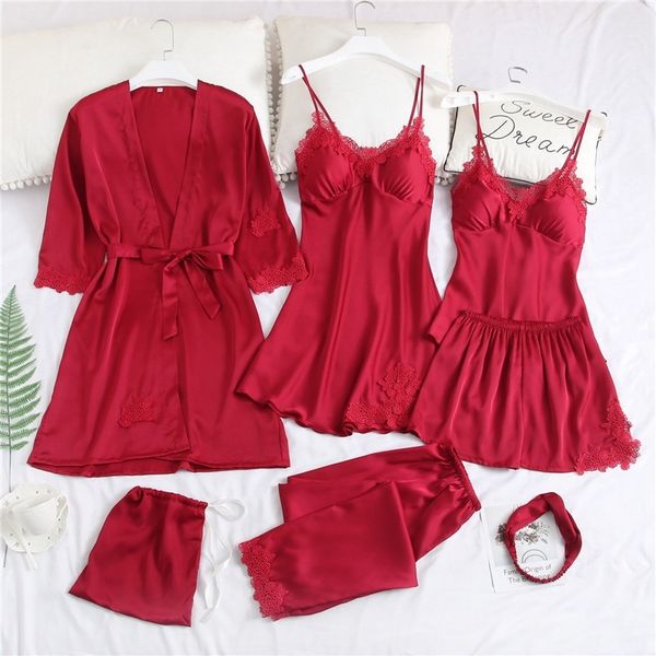 pajamas for women sleepwear 7 pieces pink pyjama sets satin silk lace lingerie home clothing suit with pads sleepwear set y200107, Black;red
pajamas for women sleepwear 7 pieces pink pyjama sets satin silk lace lingerie home clothing suit with pads sleepwear set y200107, Black;red