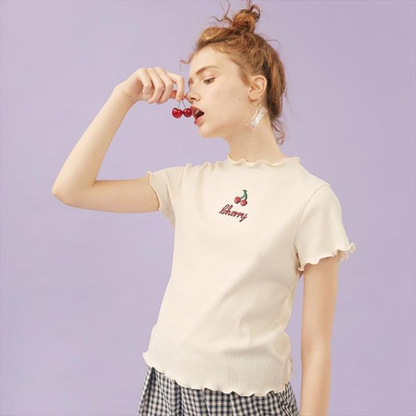o neck women knitted tee short sleeve cherry embroidery slim loose t shirts femme t shirt summer autumn preppy fashion, White
o neck women knitted tee short sleeve cherry embroidery slim loose t shirts femme t shirt summer autumn preppy fashion, White