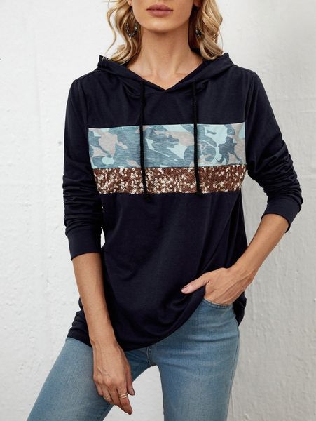 emery rose contrast sequins camo print drawstring hoodie b09h#, White;black 
emery rose contrast sequins camo print drawstring hoodie b09h#, White;black