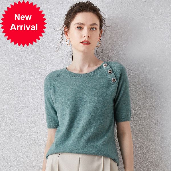 2021 new female 100% cashmere-neck tshirt short sleeve vintage buttons real sweater pure cashmere 8ukj, White;black 
2021 new female 100% cashmere-neck tshirt short sleeve vintage buttons real sweater pure cashmere 8ukj, White;black