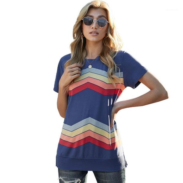t shirt colorful short sleeve crew neck summer tees ladies split clothes women wavy stripes, White
t shirt colorful short sleeve crew neck summer tees ladies split clothes women wavy stripes, White