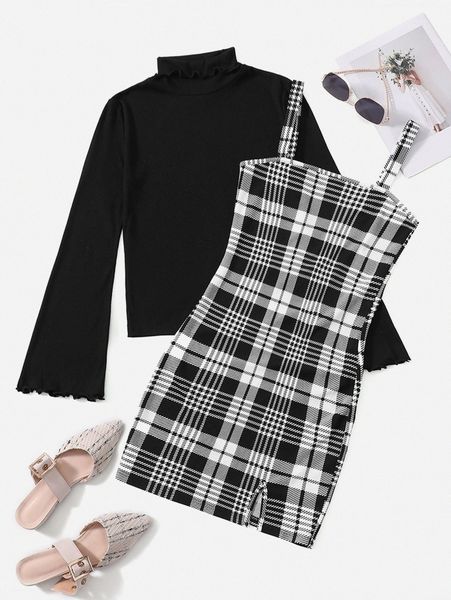 turtleneck lettuce trim & plaid cami dress y3wu#, White 
turtleneck lettuce trim & plaid cami dress y3wu#, White
