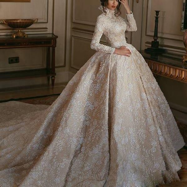 ball gown wedding dresses long sleeves rhinestone sequins appliques satin bride gowns high collar sweep train vestidos de novia, White
ball gown wedding dresses long sleeves rhinestone sequins appliques satin bride gowns high collar sweep train vestidos de novia, White