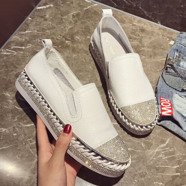 2019 famous brand european patchwork espadrilles shoes woman genuine leather creepers flats ladies loafers white leather loafers c1120, Black