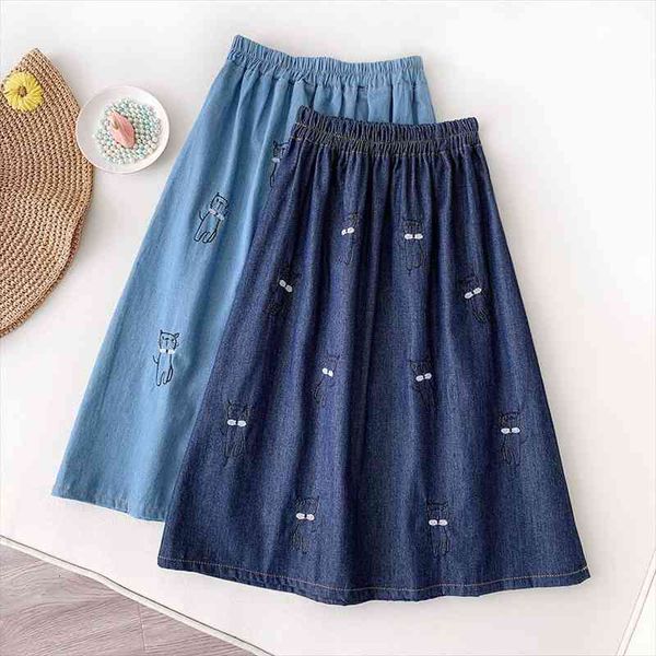 japanese style cute denim skirt women kawaii cat embroidery knee length a line high waist jeans skirt female student, Black
japanese style cute denim skirt women kawaii cat embroidery knee length a line high waist jeans skirt female student, Black