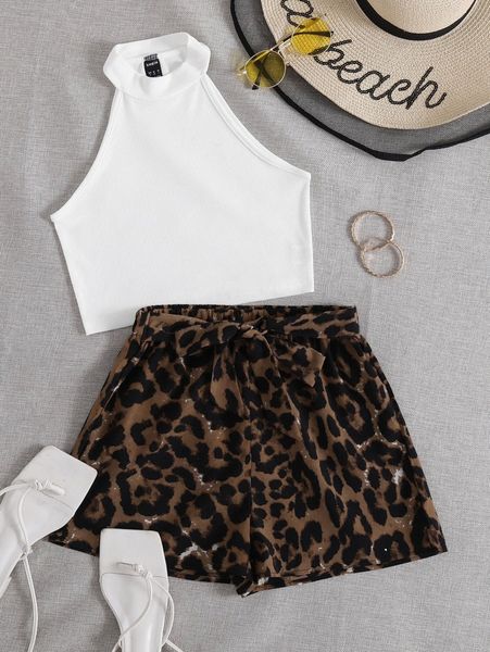 rib knit halter & leopard print shorts set p0e3#, White 
rib knit halter & leopard print shorts set p0e3#, White
