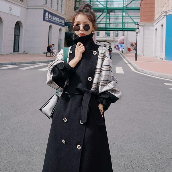 plaid sleeve stitching black woolen coat women's long autumn and winter new thickened casual woolen coat1 
plaid sleeve stitching black woolen coat women's long autumn and winter new thickened casual woolen coat1