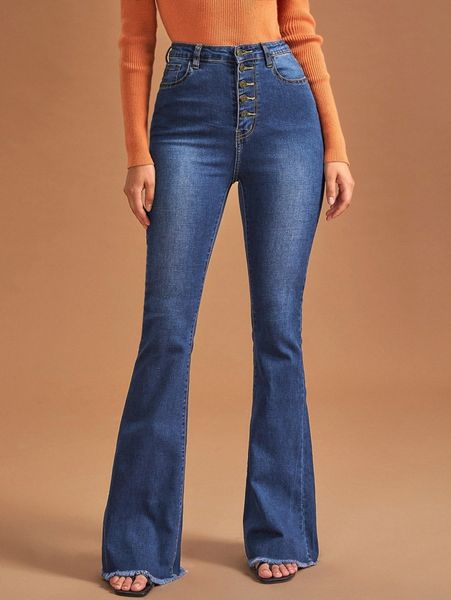 high waist button front flare leg jeans e91r#, Blue 
high waist button front flare leg jeans e91r#, Blue