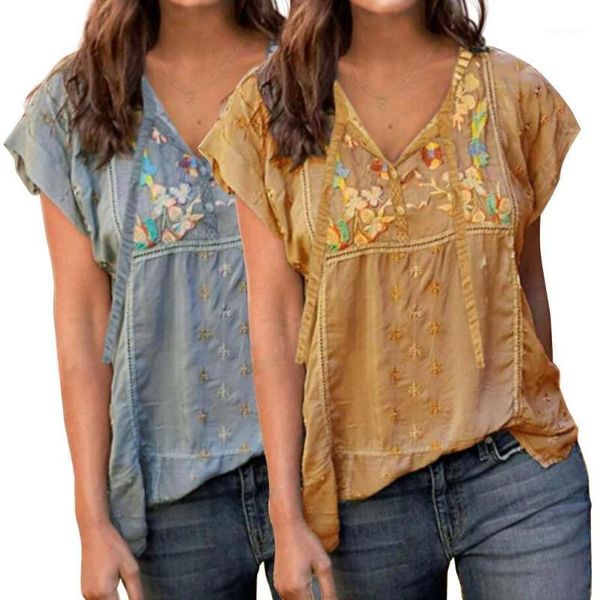 women boho solid color short sleeve v neck embroidery pullover loose t-shirt1, White
women boho solid color short sleeve v neck embroidery pullover loose t-shirt1, White