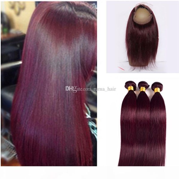 burgundy straight human hair bundles with 360 lace frontal closure 99j wine red hair with 360 full lace frontal closure 4pcs lot, Black;brown