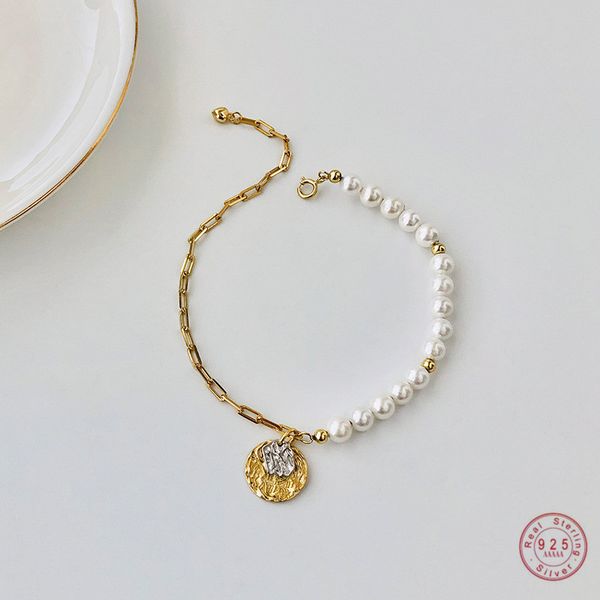 925 sterling silver creative asymmetric round silver coin human head pearl chain bracelet women light luxury jewelry accessories q1201, Black
925 sterling silver creative asymmetric round silver coin human head pearl chain bracelet women light luxury jewelry accessories q1201, Black
