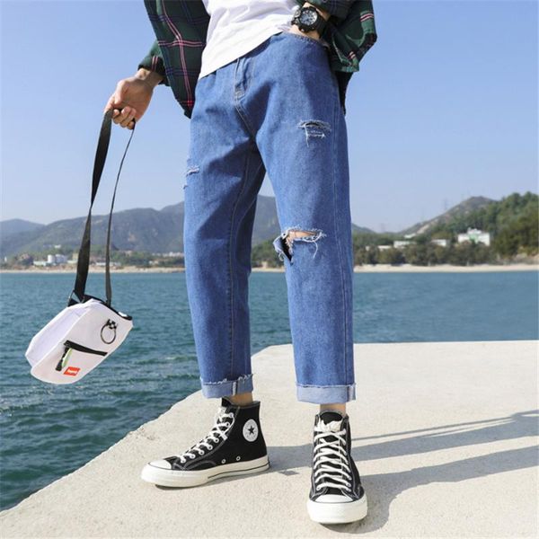 men's jeans spring summer fashion blue casual streetwear loose cotton denim pants for boys ins straight wide leg with hole 
men's jeans spring summer fashion blue casual streetwear loose cotton denim pants for boys ins straight wide leg with hole