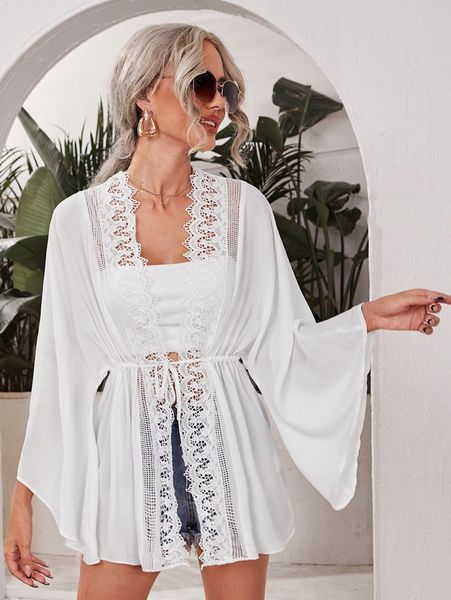flutter sleeve lace insert tie front kimono g9tu#, White;black
flutter sleeve lace insert tie front kimono g9tu#, White;black