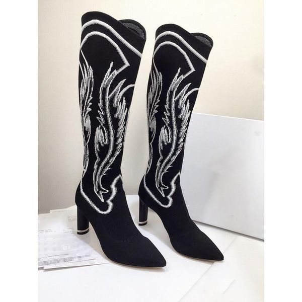 boots shoes women winter knee high heels genuine leather pointed toe stretch fabric zapatos de mujer, Black
boots shoes women winter knee high heels genuine leather pointed toe stretch fabric zapatos de mujer, Black