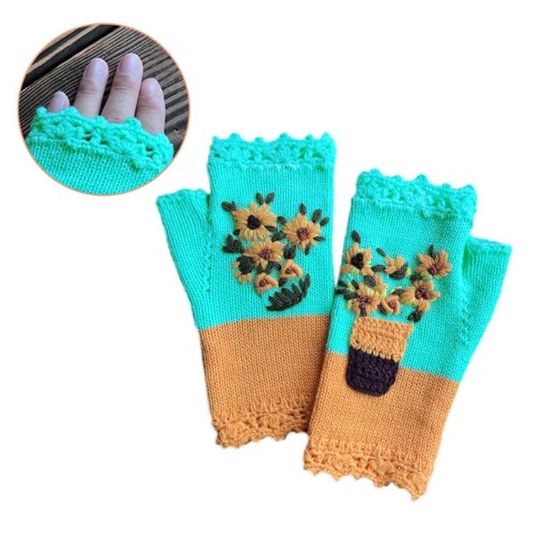 Women Color Block Knitted Fingerless Gloves Sweet Daisy Floral Handmade Embroidery Thumbhole Texting Mittens Arm Warmers, Blue;gray
Women Color Block Knitted Fingerless Gloves Sweet Daisy Floral Handmade Embroidery Thumbhole Texting Mittens Arm Warmers, Blue;gray