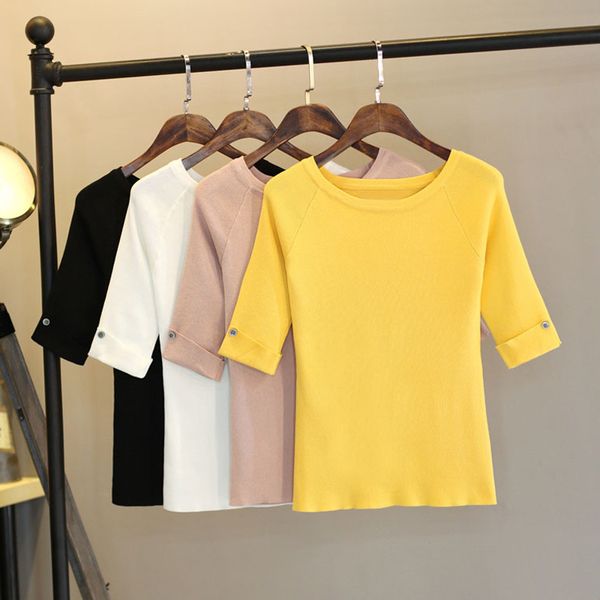 xxl summer t shirt women tee hal sleeve t-shirt with button decorate high elastic knitting tshirt femme harajuku y200109, White
xxl summer t shirt women tee hal sleeve t-shirt with button decorate high elastic knitting tshirt femme harajuku y200109, White