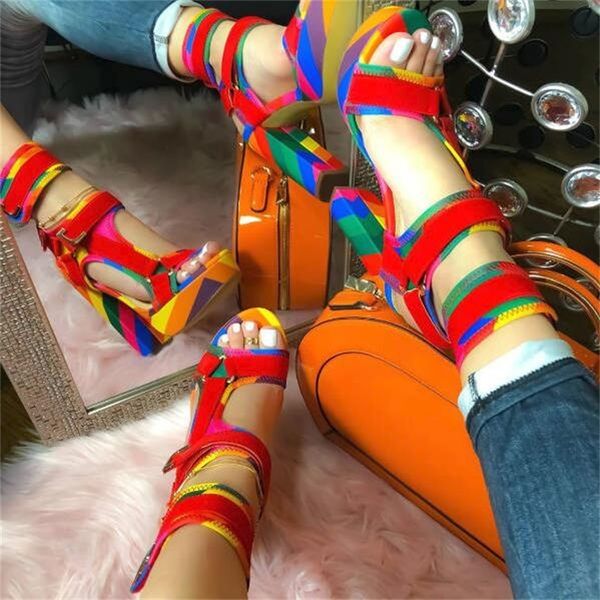 rainbow chunky buckle belts high-colored mixed with platform women's square heels summer sandals dressed as banquet shoes, Black
rainbow chunky buckle belts high-colored mixed with platform women's square heels summer sandals dressed as banquet shoes, Black