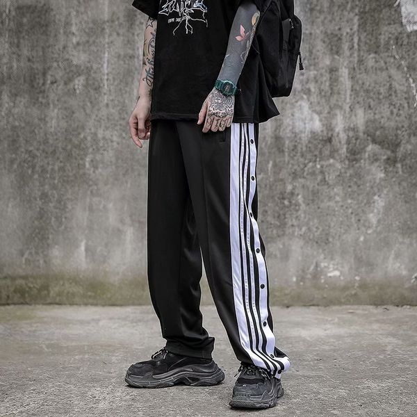 men's summer new loose casual straight wide leg color contrast fashion brand side button sports pants, Black
men's summer new loose casual straight wide leg color contrast fashion brand side button sports pants, Black