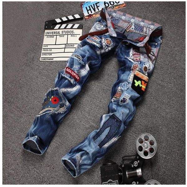 personality badge patchwork jeans men ripped jeans fashion brand scratched biker hole denim straight slim fit casual pants, Blue
personality badge patchwork jeans men ripped jeans fashion brand scratched biker hole denim straight slim fit casual pants, Blue