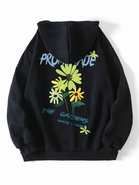 letter & floral print kangaroo pocket drawstring thermal hoodie o7db#, White;black 
letter & floral print kangaroo pocket drawstring thermal hoodie o7db#, White;black