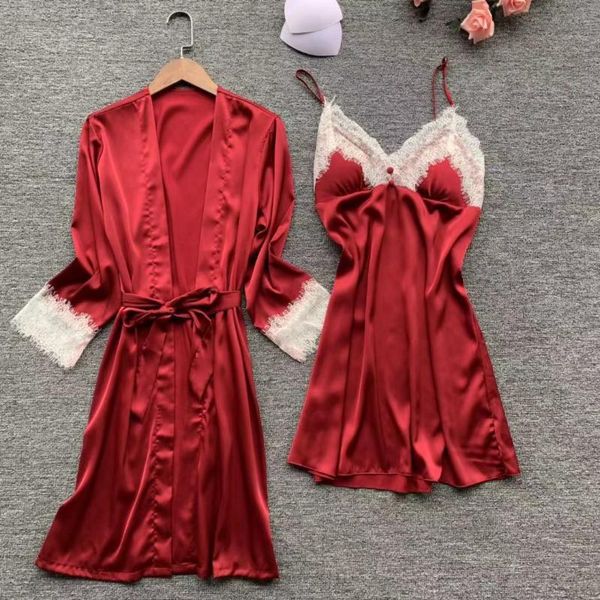 women's sleepwear women kimono robe gown suit satin v-neck nightdress set burgundy nightwear elegant lace trim casual home dress, Black;red
women's sleepwear women kimono robe gown suit satin v-neck nightdress set burgundy nightwear elegant lace trim casual home dress, Black;red