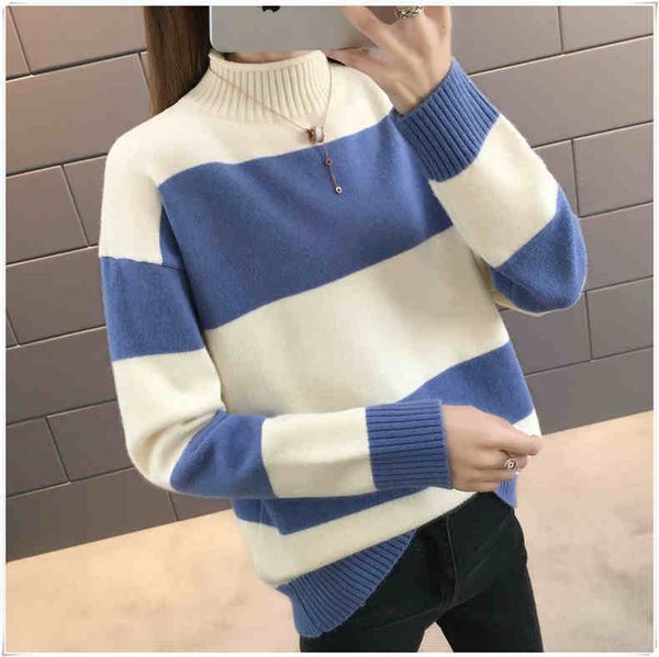 2021 new fall winter women knitted new striped color matching half turtleneck sweater long-sleeved female 0y6w, White;black
2021 new fall winter women knitted new striped color matching half turtleneck sweater long-sleeved female 0y6w, White;black