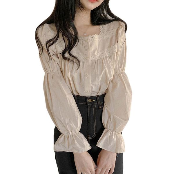 spring women fashion square collar lace splicing sleeve shirt blouse new arrivals 2021, White 
spring women fashion square collar lace splicing sleeve shirt blouse new arrivals 2021, White