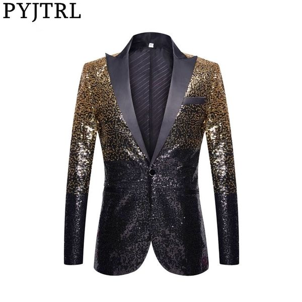 pyjtrl full sequins series men gradual change gold black slim fit suit jacket banquet nightclub singers blazer wedding tuxedo y201026, White;black
pyjtrl full sequins series men gradual change gold black slim fit suit jacket banquet nightclub singers blazer wedding tuxedo y201026, White;black