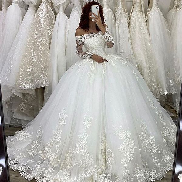 gorgeous dubai princesa ball gown wedding dresses long sleeve lace appliques wedding gowns vestido de novia casamento chapel bride dress plu, White