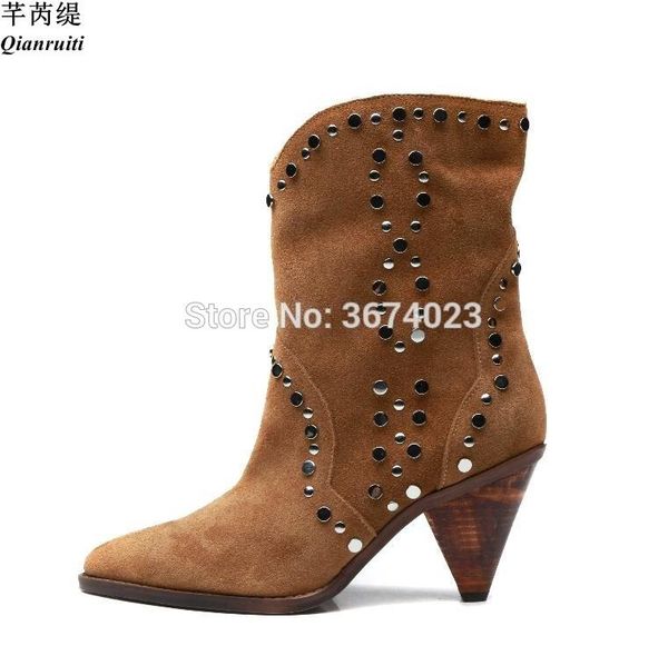 qianruiti runway women rivets studded ankle boots suede pointed toe spike heels slip on tan booties mujer botas, Black
qianruiti runway women rivets studded ankle boots suede pointed toe spike heels slip on tan booties mujer botas, Black