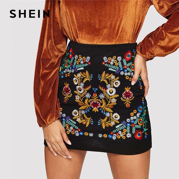 

shein black botanical embroidered textured skirt casual zipper night out mini skirts women spring elegant workwear skirt q1209